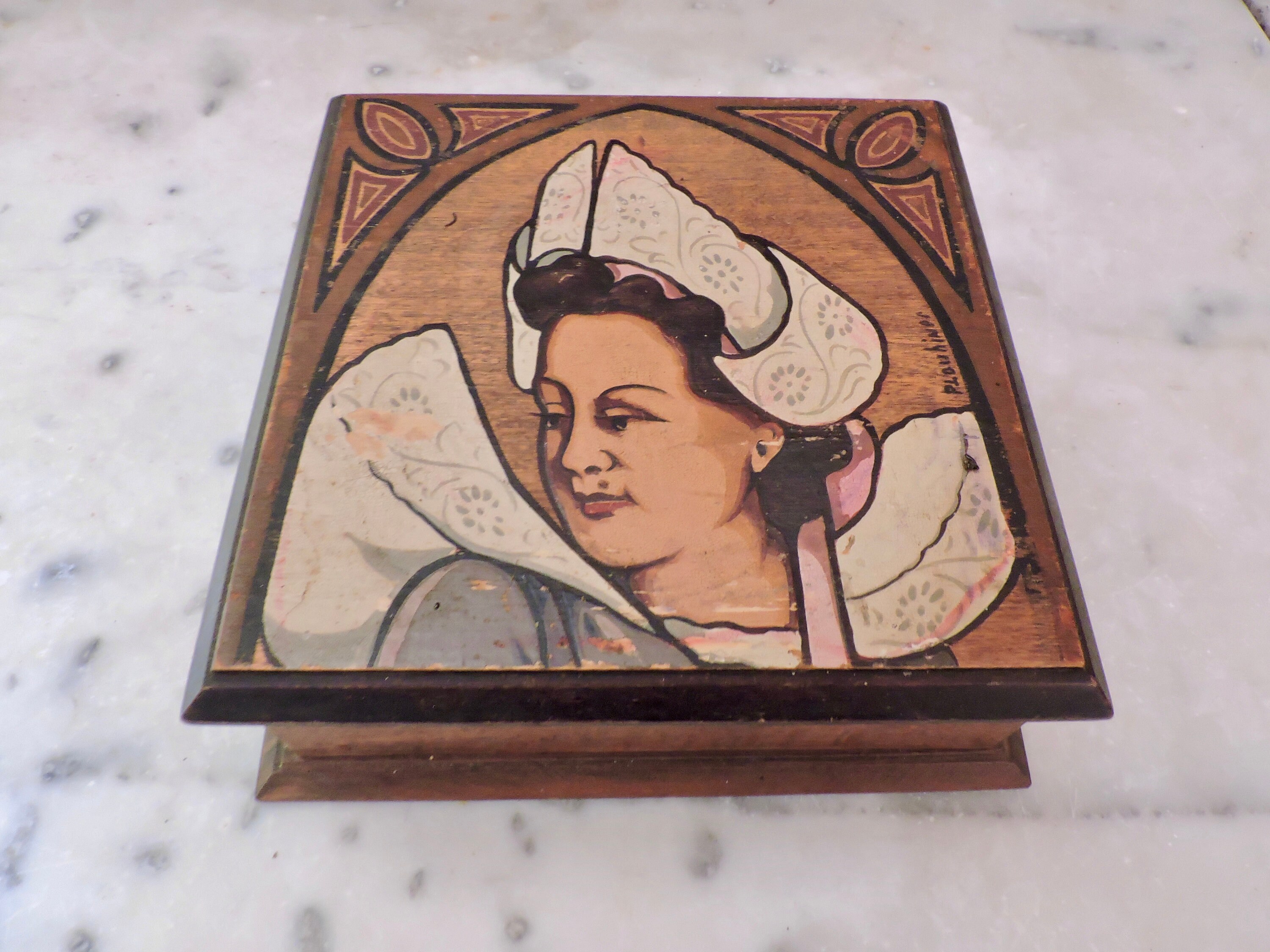 Boîte en Bois Vintage, Boîte à Bibelots, Souvenirs, d'artwork, Peinte La Main, Bijoux Française Yvon