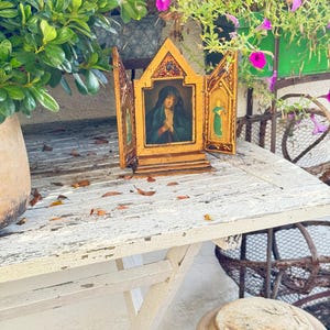 Triptych Madonna and Child Jesus, Vintage Religious Home Altar Decor, Carved Wood Devotional Religious Triptych