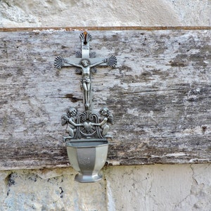 1920s Bénetier, Art Deco Water Font, Lourdes Pilgrimage Reliquary, Metal Catholic Sculpture, Baptismal Stoup