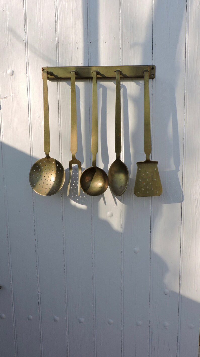 French Vintage Wall Utensils Rack and 5 Matching Brass Utensils Kitchen Utensils Holder 1950s Country Kitchen Brass Display Rack