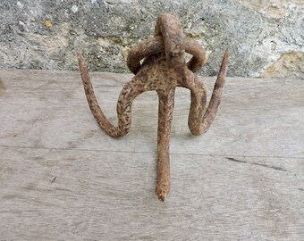 Antique Meat Hook, Hand Forged Wrought Iron Triple Hanging Butchers Hooks