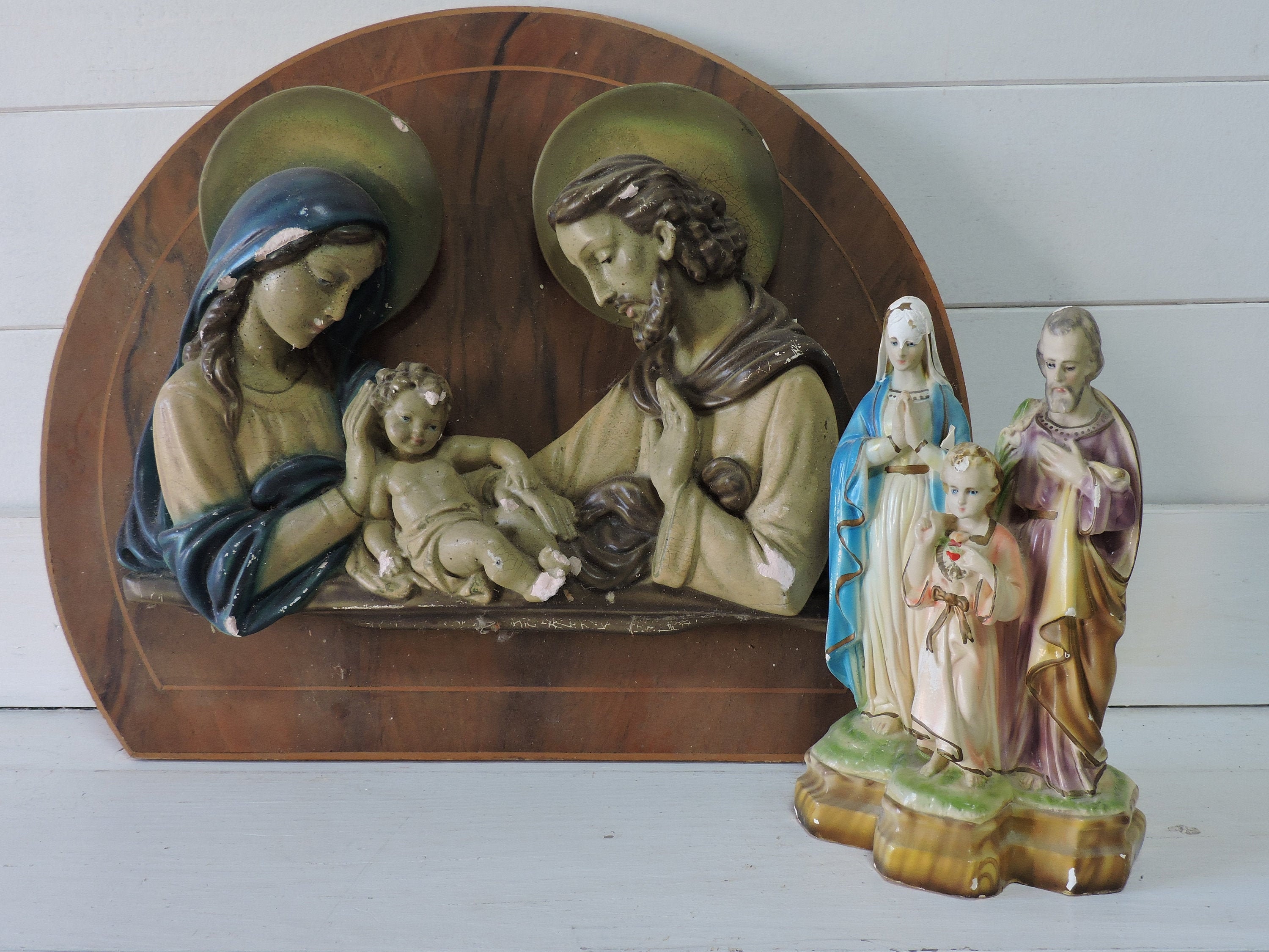 Sculpture de La Sainte Famille Vintage, Statue Des Années 1930 Jésus Comme Un Enfant, Joseph et Mari