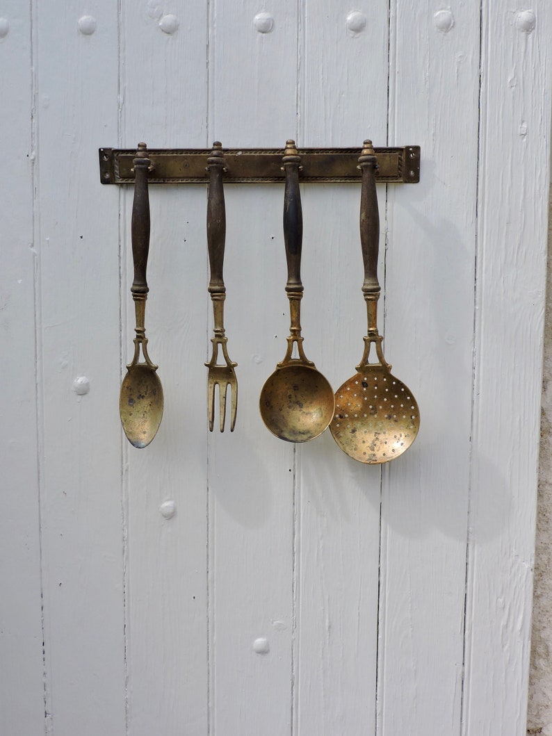 Vintage Kitchen Utensils Holder French Wall Rack And 4 Matching Country Decor Wood Brass Display