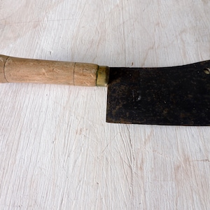 Meat Cleaver With Wooden Handle and Carbon Steel Blade, French 1950s Vegetable Cutter/Chopper, Vintage Hachoir, Mezzaluna, Kitchen Utensil
