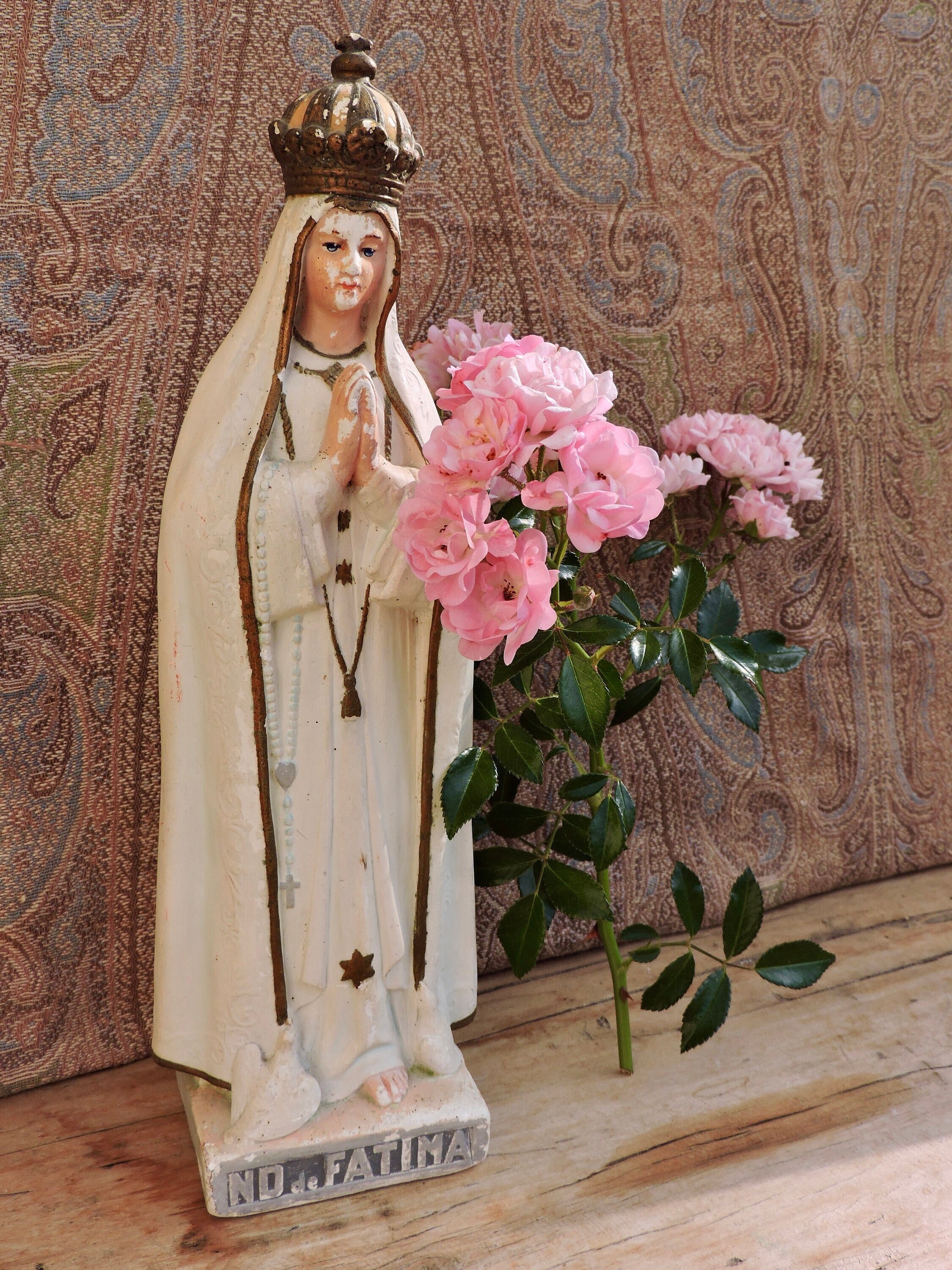 statue Religieuse de La Vierge Marie en Plâtre, Figurine/Sculpture Couronnée Vintage, Saint Vierge