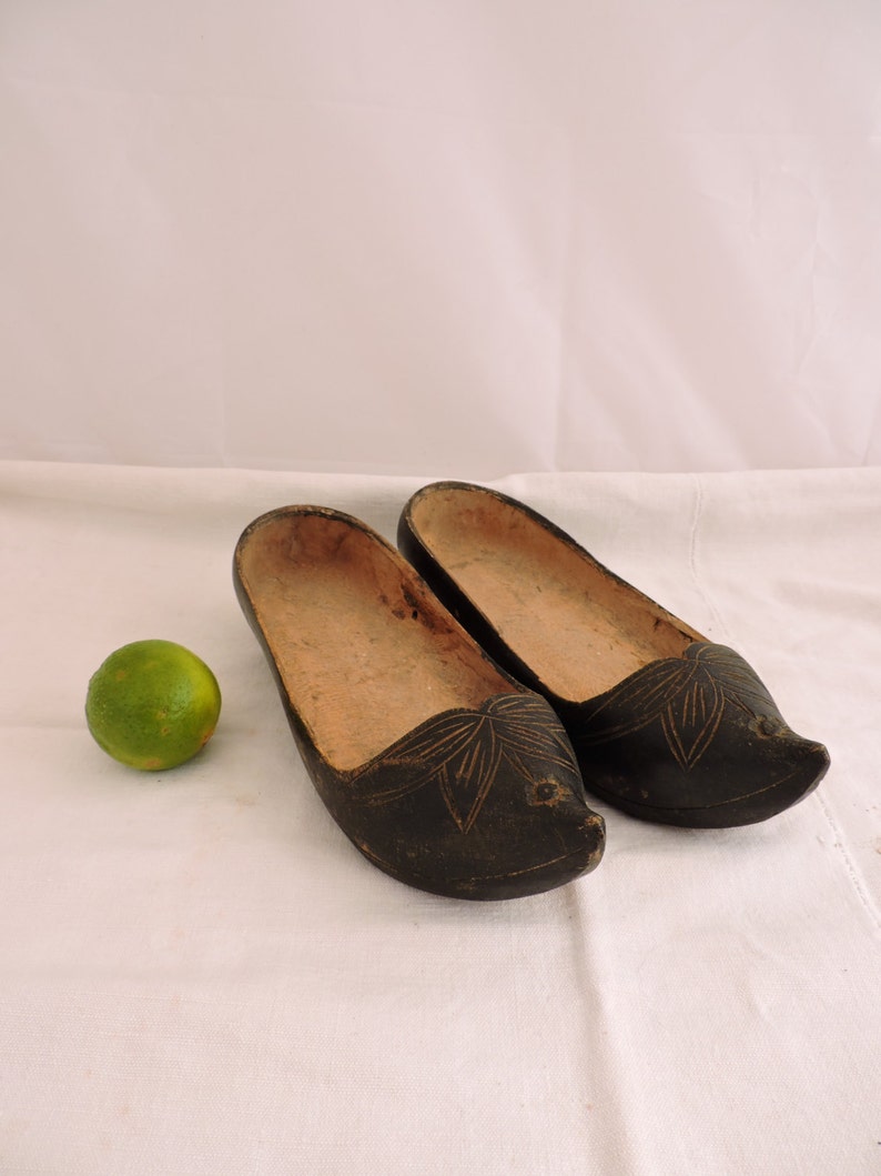 Vintage Clogs Pair of French Ladies ShoesSabots 1930s Ladies Clogs Treen Hand Made and Carved in Hardwood