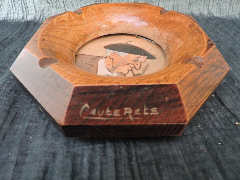 Folk ArtTole Pokerwork Souvenir French Tobacciana Vintage Wood Ashtray French Carved Wood AshtrayCendrier