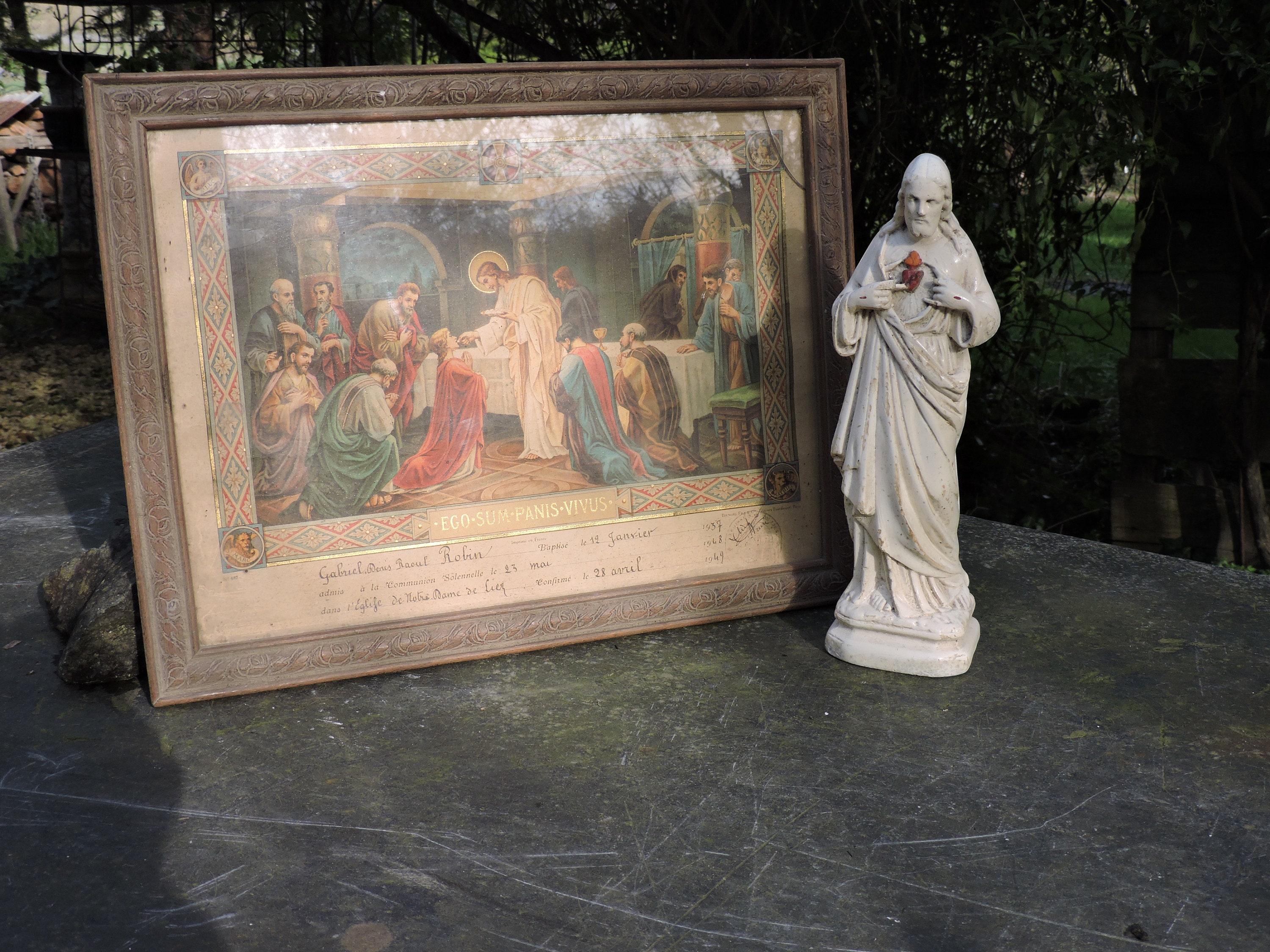 Jésus Vintage Sacré-Coeur Sculpture-Craie/Plâtre Sacre Coeur Statue-Français Religieux Blanc Figure-