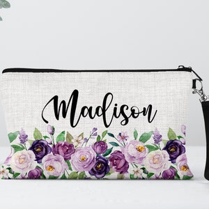 Floral Travel Pouch, Personalized Cosmetic Bag, Travel Gifts For Friends, Purple Travel Bag, Vacation Gifts For Women, Floral Makeup Bag