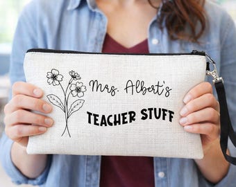 Personalized Teacher Stuff Linen Pouch | Custom Makeup Bag | Teacher Week Appreciation Gift