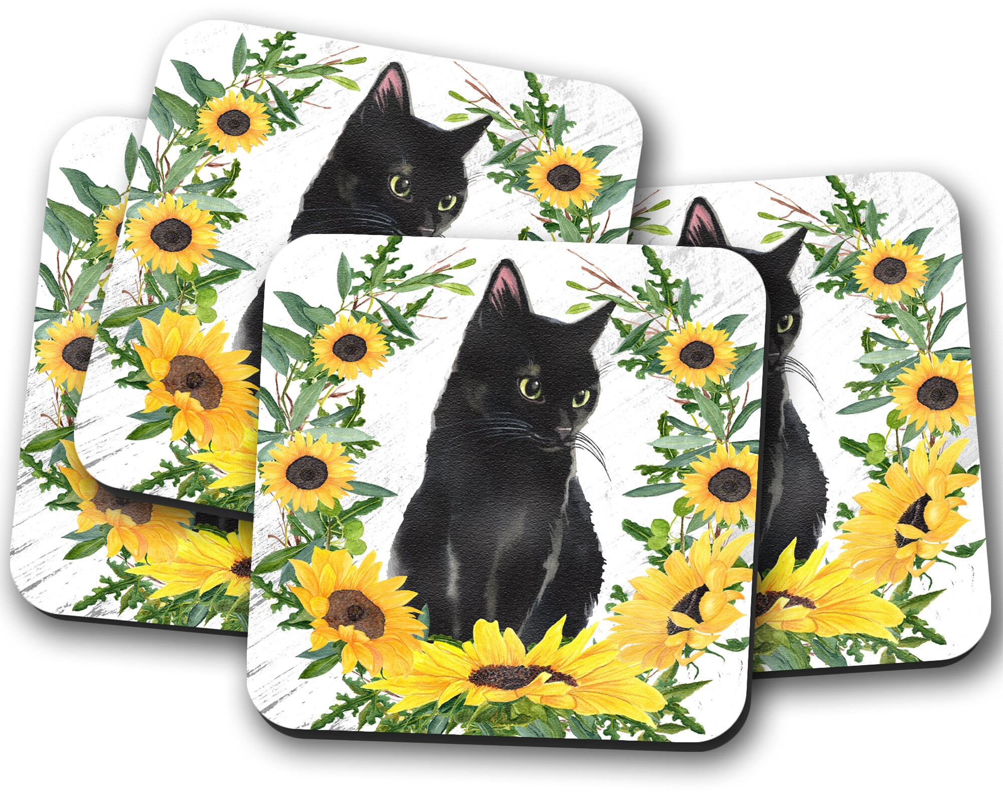 Black Cat Coasters, Cat Coaster Set, Sunflower Decor, Drink Coasters,…