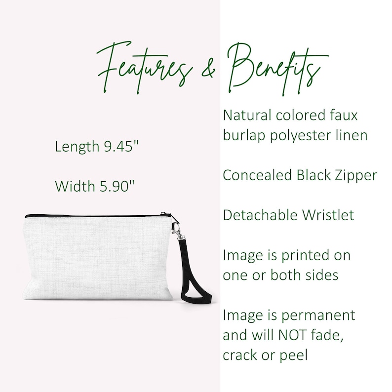 K&ouml;nnte beinhalten: Eine wei&szlig;e Rei&szlig;verschlusstasche mit abnehmbarem Handgelenkband. Die Tasche ist aus Kunstleinen aus Polyester in Naturfarbe gefertigt und misst 24 cm in der L&auml;nge und 15 cm in der Breite. Die Tasche hat einen verdeckten schwarzen Rei&szlig;verschluss und ein bedrucktes Bild auf einer oder beiden Seiten. Das Bild ist dauerhaft und verblasst, rei&szlig;t oder l&ouml;st sich nicht.