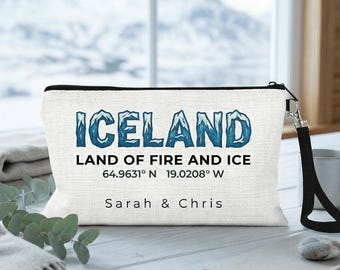 Iceland Coordinates Travel Pouch, Optional Personalized Name