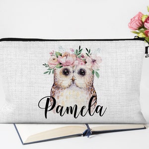 Personalized Owl Makeup Bag, Owl Gifts For Women, Linen Pencil Pouch, Owl Cosmetic Bag, Personalized Toiletry Bag, Zipper Pouch For Purse