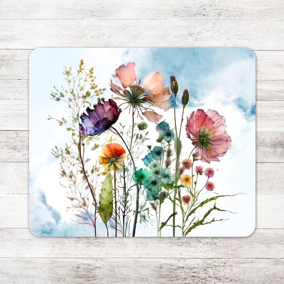 Wildflower Watercolor Mousepad, Floral Mouse Pad, Watercolor Flowers Desk Accessories, Unique Office Gift For Women, Boho Desk Decor
