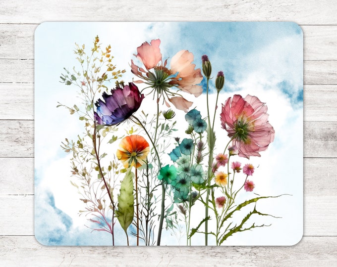 Wildflower Watercolor Mousepad, Floral Mouse Pad, Watercolor Flowers Desk Accessories, Unique Office Gift For Women, Boho Desk Decor