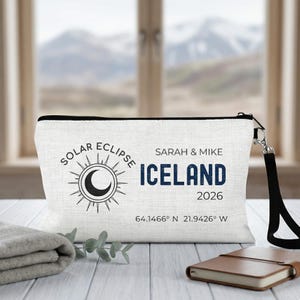 Iceland Eclipse Coordinates Pouch, Custom Name 2026 Keepsake