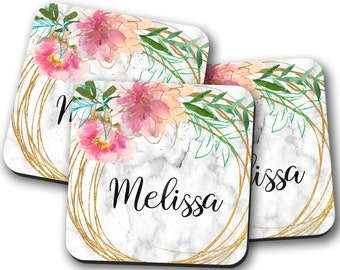 Custom Name Coasters, Personalized Coaster, Desk Decor, Pink Floral Coaster, Personalized Gifts, Coaster Set, Personalized Drink Coaster