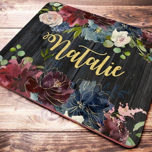 Office Desk Accessories, Personalized Mouse Pad, Office Decor for Women, Watercolor Burgundy Floral Mouse Pad, Personalized Gift