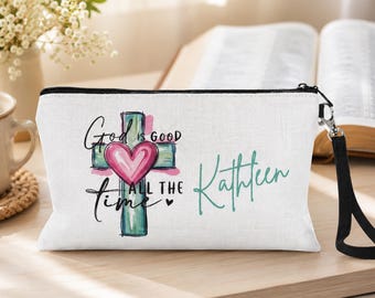 Bible Accessories Pouch, Personalized Cross Zipper Wristlet, Faith Gift for Women