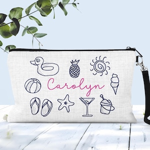Coastal Doodle Beach Pouch, Custom Bridesmaids Gift Bag, Coastal Bachelorette, Linen Burlap Zipper Pouch With Name, Girls Weekend Gifts