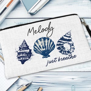 Custom Seashell Bag Fisherman Aesthetic Blue Seashell Cosmetic Bag Sea Life Zipper Pouch Personalized Beach Makeup Bag Ocean Lover Gift