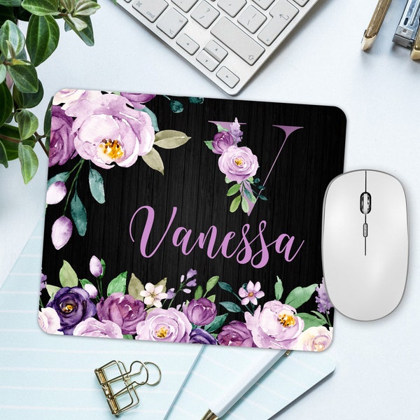 Purple Floral Personalized Mouse Pad, Desk Gifts For Women, Initial Letter Mouse Pad, Personalized Office Supplies, Name Mouse Pad