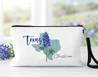 Personalized Texas Bluebonnet Travel Pouch, Welcome Gift Bag for Women