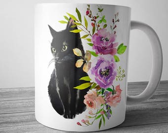 Black Cat Mug, Pet Coffee Mugs, Floral Cat Mug, Cute Cat Mug, Cat Coffee Mug, Cat Lover Mug, Black Cat Gifts, Office Mugs, Cat Gifts