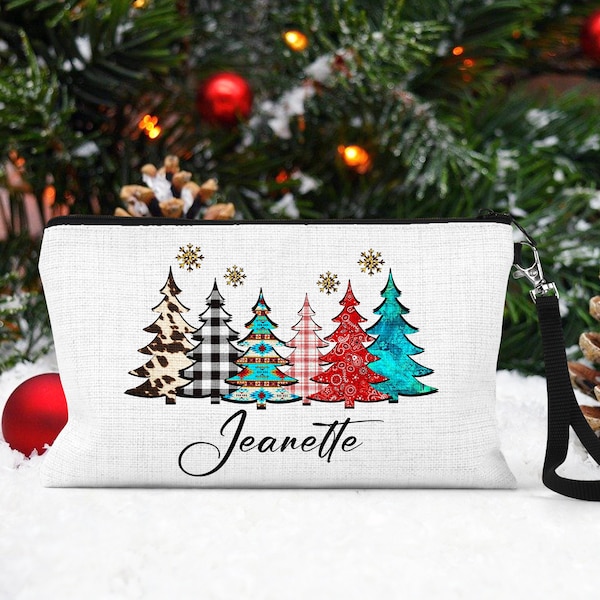 Personalized Small Christmas Gift Bag, Custom Name Christmas Pouch, Western Christmas Tree Makeup Bag, Holiday Bag With Name, Party Gift