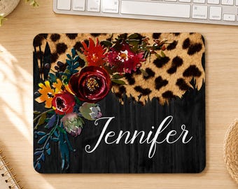 Personalized Leopard Print Mouse Pad, Custom Name Coworker Gift, Burgundy Floral Desk Decor