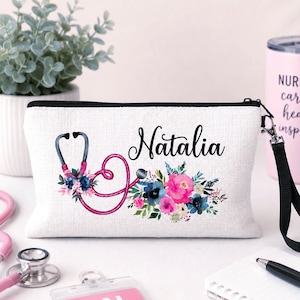 Nurse Wristlet Bag with Name, Floral Stethoscope Accessories Zipper Pouch, Personalized Nurse Graduation Gift