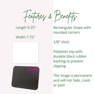 May include: Black mouse pad with rounded corners and a pink "BACK" label. The mouse pad is 9.25 inches long and 7.75 inches wide. It is 1/8 inch thick and has a polyester top with a durable black rubber backing to prevent slipping.