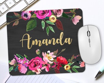 Personalized Mouse Pad, Black Pink Floral Mousepad, Desk Accessories for Women, Personalized Gifts, Desk Decor, Work Mouse Pad, Office Gifts