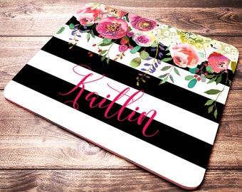 Personalized Office Gift, Striped Mouse Pad, Black and White, Desk Accessories For Women, Name Mouse Pad, Floral Mouse Pad, Name Gifts