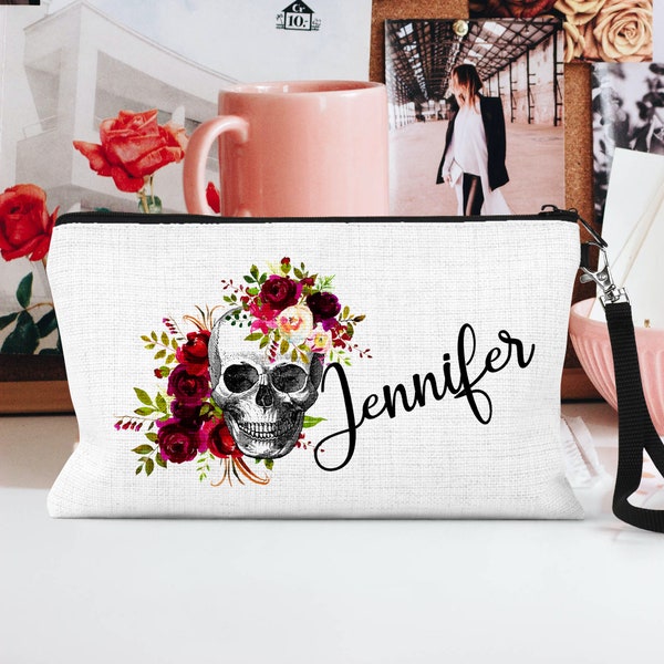 Skull Cosmetic Bag, Personalized Makeup Bag, Linen Zipper Pouch, Gothic Bag, Skull Lover Gift, Toiletry Bag, Makeup Organizer, Skull Pouch