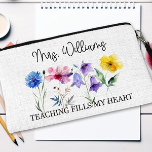 Trousse personnalisée pour enseignant du préscolaire, trousse prénom fleurs sauvages, cadeau personnalisé pour enseignant, fournitures pour la rentrée scolaire, remerciements pour l'enseignant