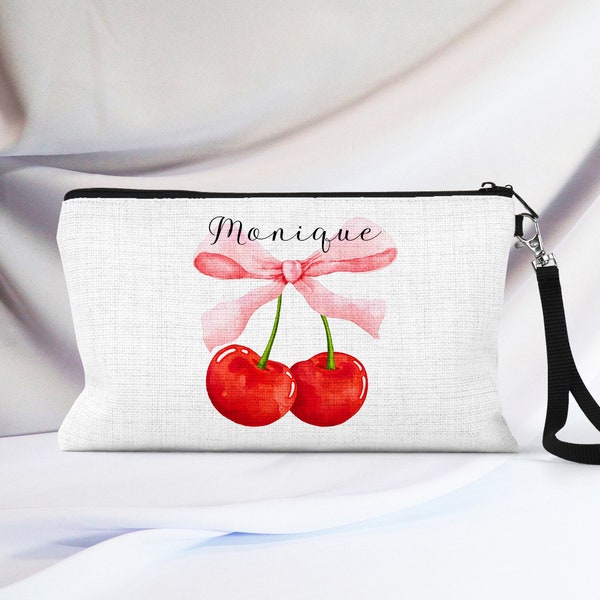 Personalized Cherry Makeup Bag Cute Coquette Aesthetic Cosmetic Pouch Pink Bow Toiletry Bag Cherry Travel Pouch For Teenage Girl Gifts Idea