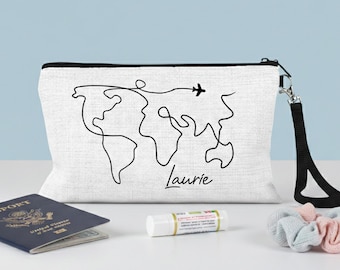 World Map Travel Pouch - Custom Airplane Zipper Bag For Her - Personalized Vacation Gift Bag