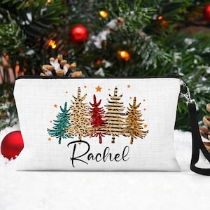 Personalized Christmas Pouch, Christmas Tree Makeup Bag, Girls Christmas Trip Zipper Pouch, Holiday Bag With Name, Small Christmas Gift Bag