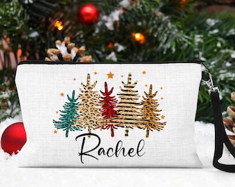 Personalized Christmas Pouch, Christmas Tree Makeup Bag, Girls Christmas Trip Zipper Pouch, Holiday Bag With Name, Small Christmas Gift Bag