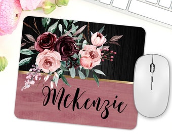 Custom Name Mouse Pad, Coworker Office Gift, Burgundy Floral Mousepad, Personalized Desk Accessories, Office Decor, Desk Gifts For Women