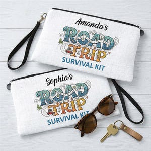 Road Trip Survival Kit Bag, Personalized Girls Trip Vacation Essentials Pouch, Travel Friends Favor