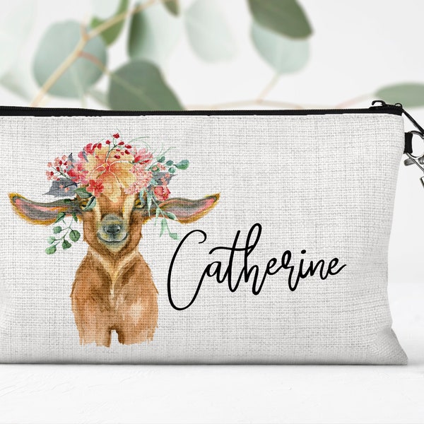 Personalized Goat Cosmetic Bag, Goat Lover Gift, Farm Animal Zipper Pouch, Name Makeup Bag, Goat Gifts For Women, Animal Makeup Bag