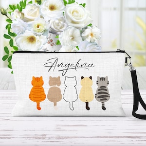 Cats In A Row Makeup Bag, Cute Cat Pencil Case, Personalized Cat Gift For Women, Cat Mom Gift, Cat Lover Cosmetic Pouch, Vet Gift For Women