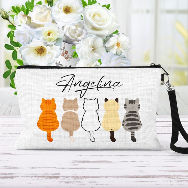 Cats In A Row Makeup Bag, Cute Cat Pencil Case, Personalized Cat Gift For Women, Cat Mom Gift, Cat Lover Cosmetic Pouch, Vet Gift For Women