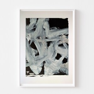 May include: Abstract painting with white brushstrokes on a black background. The brushstrokes are thick and textured, creating a dynamic and energetic composition.