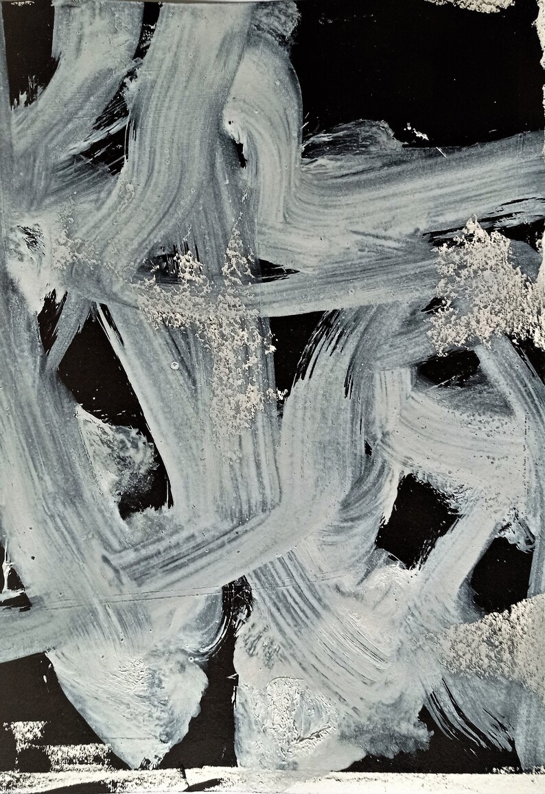 May include: Abstract painting with white brushstrokes on a black background. The brushstrokes are thick and textured, creating a dynamic and energetic composition.