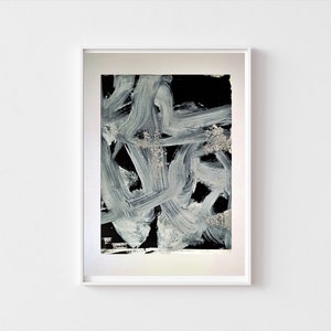 May include: Abstract art print with white brushstrokes on a black background. The brushstrokes are thick and textured, creating a dynamic and energetic composition.