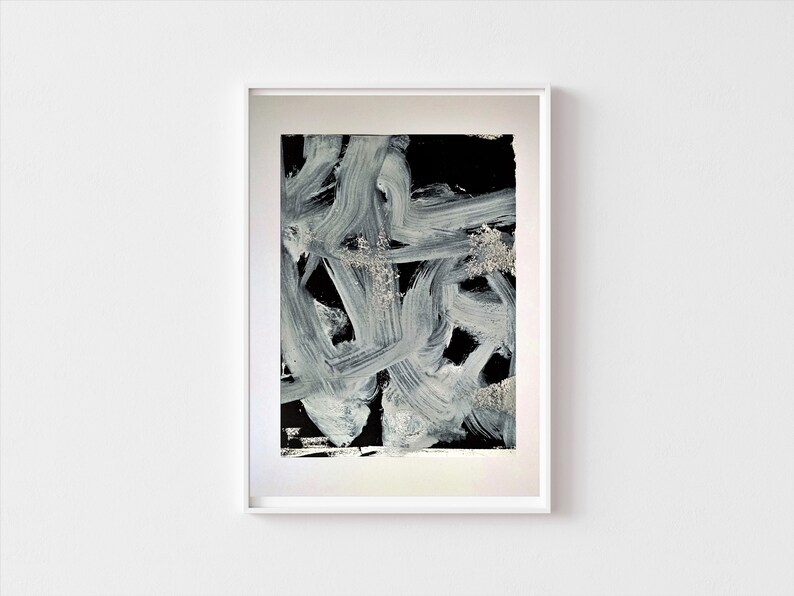 May include: Abstract art print with white brushstrokes on a black background. The brushstrokes are thick and textured, creating a dynamic and energetic composition.